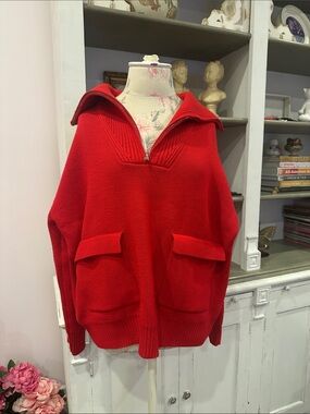 Anthropologie English Factory Red Half-Zip Pocket Turtleneck Sweater